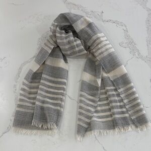 J. Crew Gray & White Striped Lightweight Woven Long Fringe Scarf